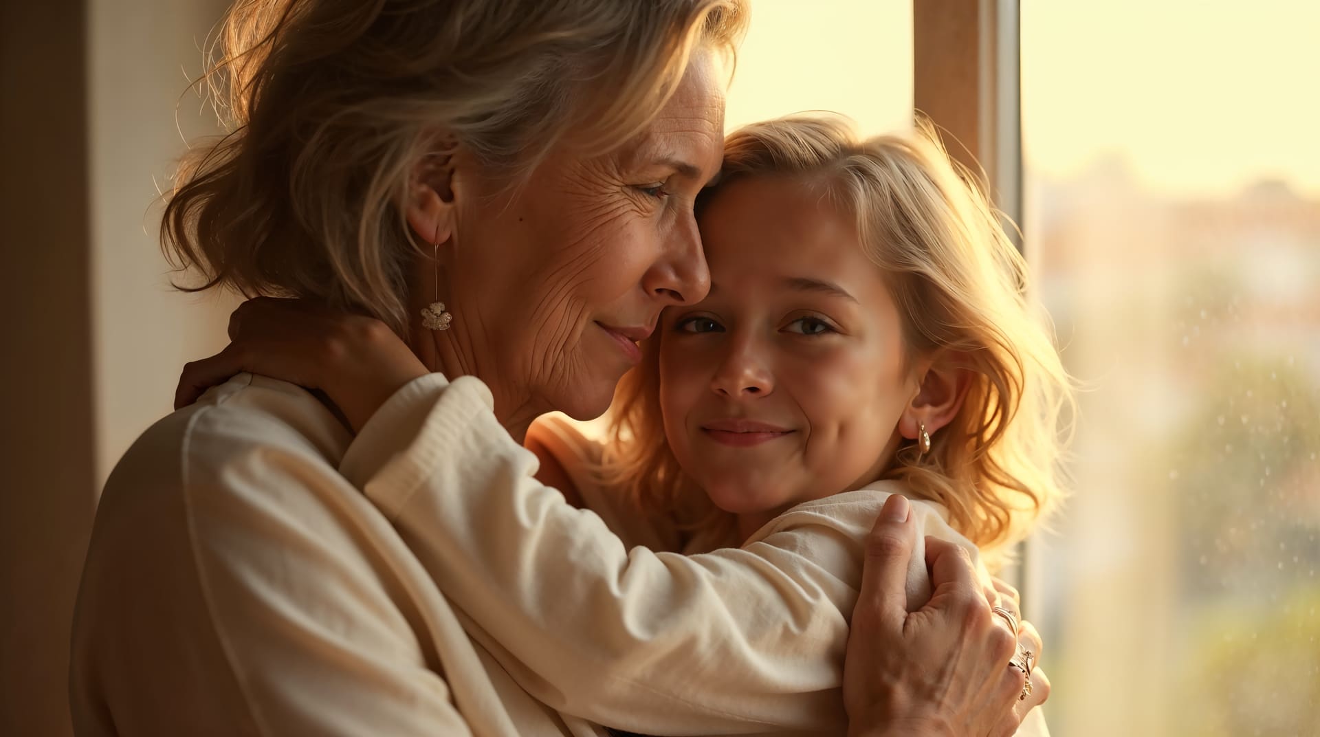Madre e hija abrazadas en luz cálida