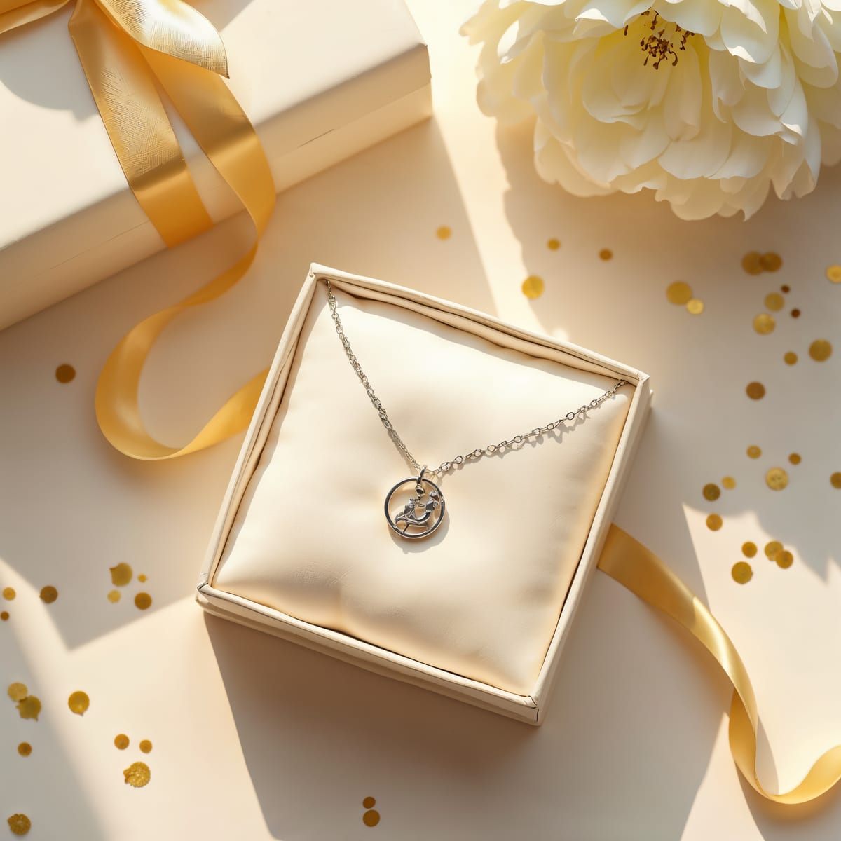 Collar El Abrazo Eterno con caja de regalo y rosas blancas